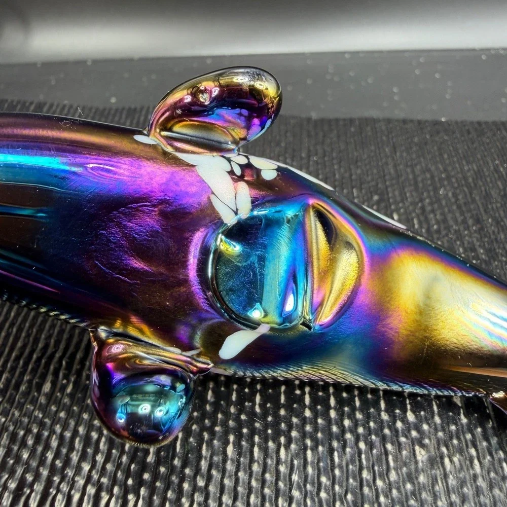 Pele of Hawaii Glass Iridescent Dolphin Figurine Carnival Glass White Spotted